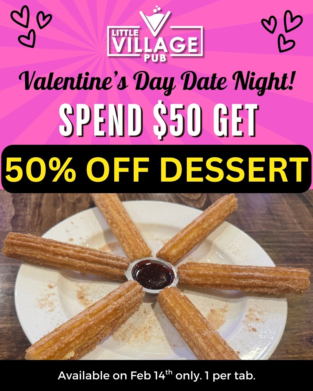 Picture of a dessert from Little Village Pub for their Valentine's Day 50% off dessert deal