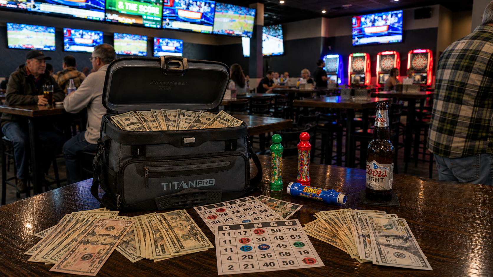Cooler filled with cash as a prize for fathers day bingo at Little Village Pub
