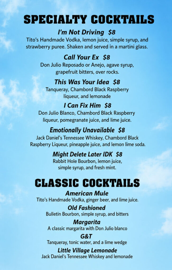 Summer Drink menu 2026 at Little Village Pub in White Bear Lake MN